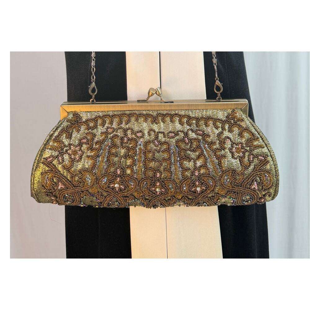 Vintage Nite Bags by Carlos Falchi Beaded Gold Evening Bag Clutch Kisslock 80s